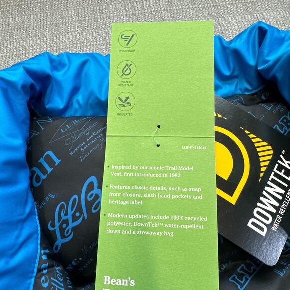 LL Bean Vest Men XL Trail Model Down '82 Blue Snap Up Puffer New with Tags - Picture 5 of 10